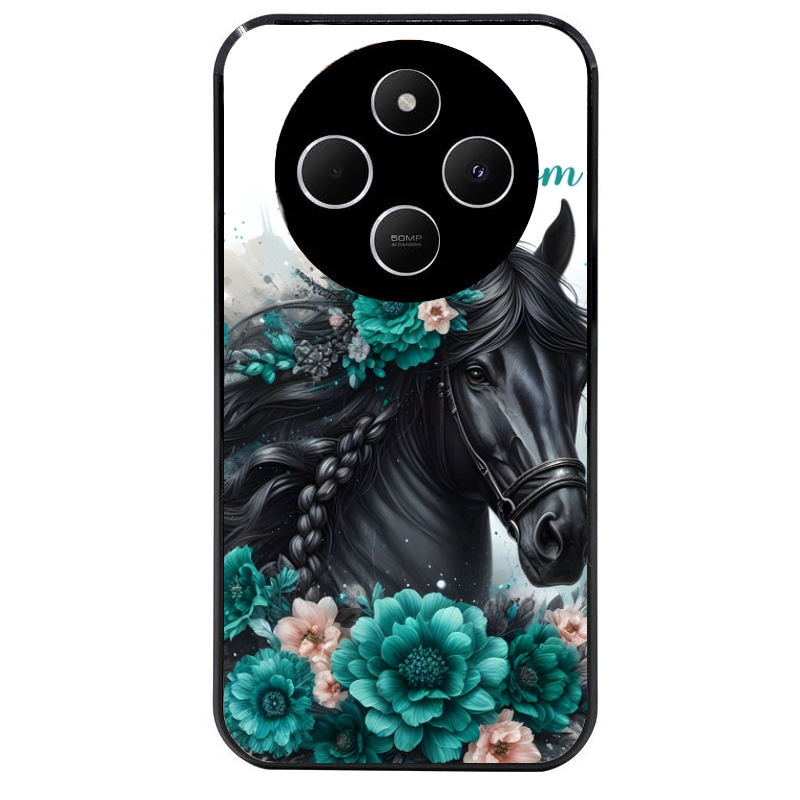 Coque noire taperso pour POCO C75 avec motif cheval et fleurs personnalisee protection antichoc personnalisée