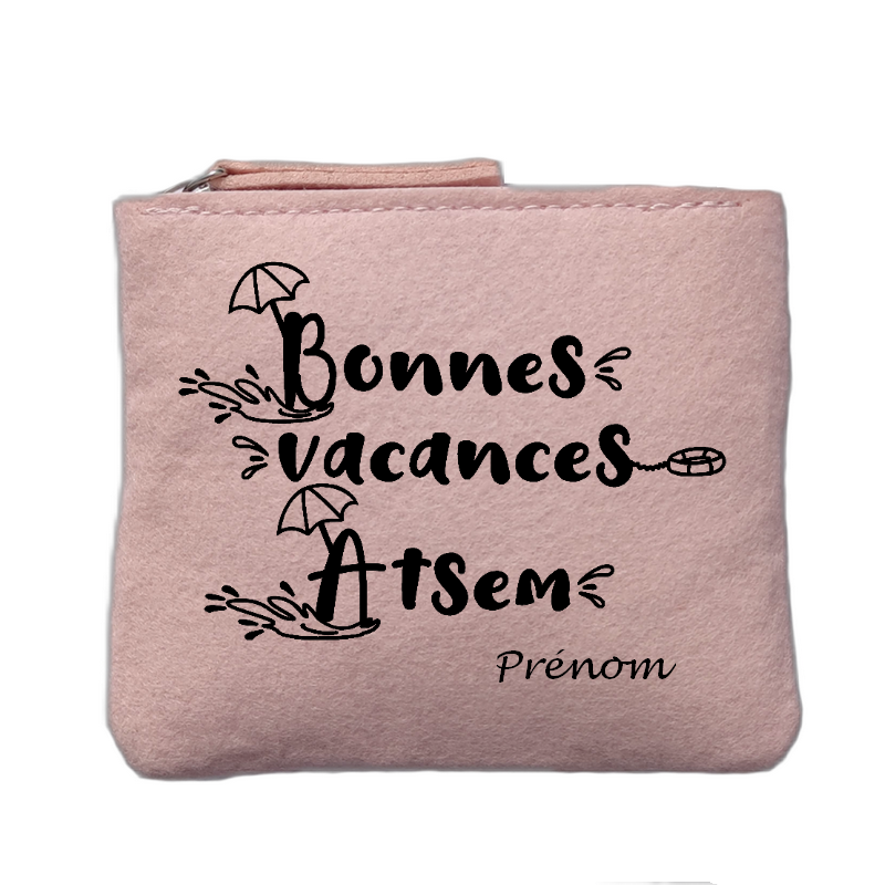 Porte monnaie personnalisé motif atsem vacances rose clair en feutrine en feutrine