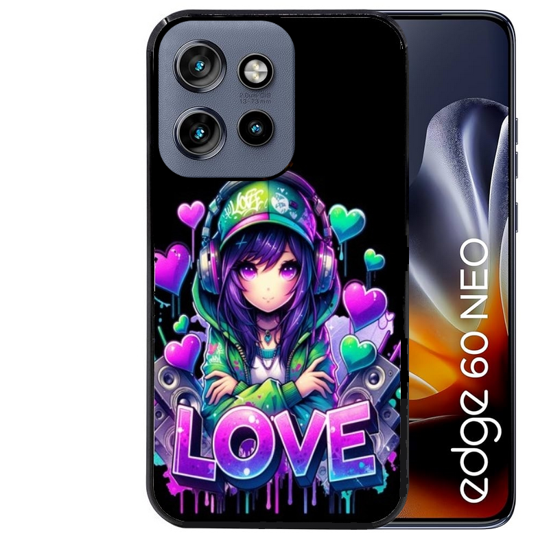 Coque noire taperso pour Moto Edge 60 et Neo Fusion Pro avec motif anime manga et love protection antichoc personnalisée