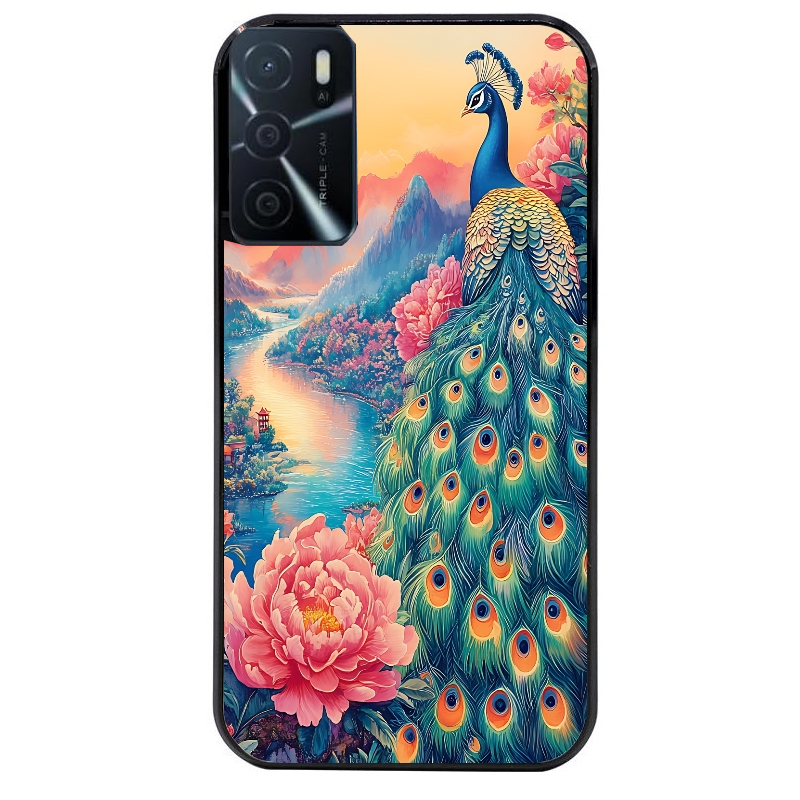 Coque noire taperso pour OPPO A16 et A16S avec motif paon japan protection antichoc personnalisée