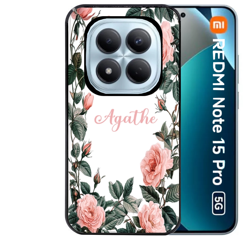 Coque noire taperso pour Redmi Note 15 et PRO PLUS 4G 5G avec motif cadre fleur pastel personnalisee protection antichoc personnalisée