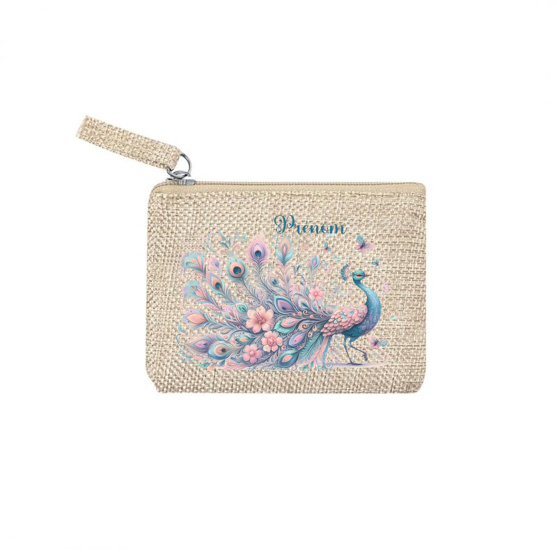 Pochette personnalisée motif paon plume en toile et simili cuir personnalisée