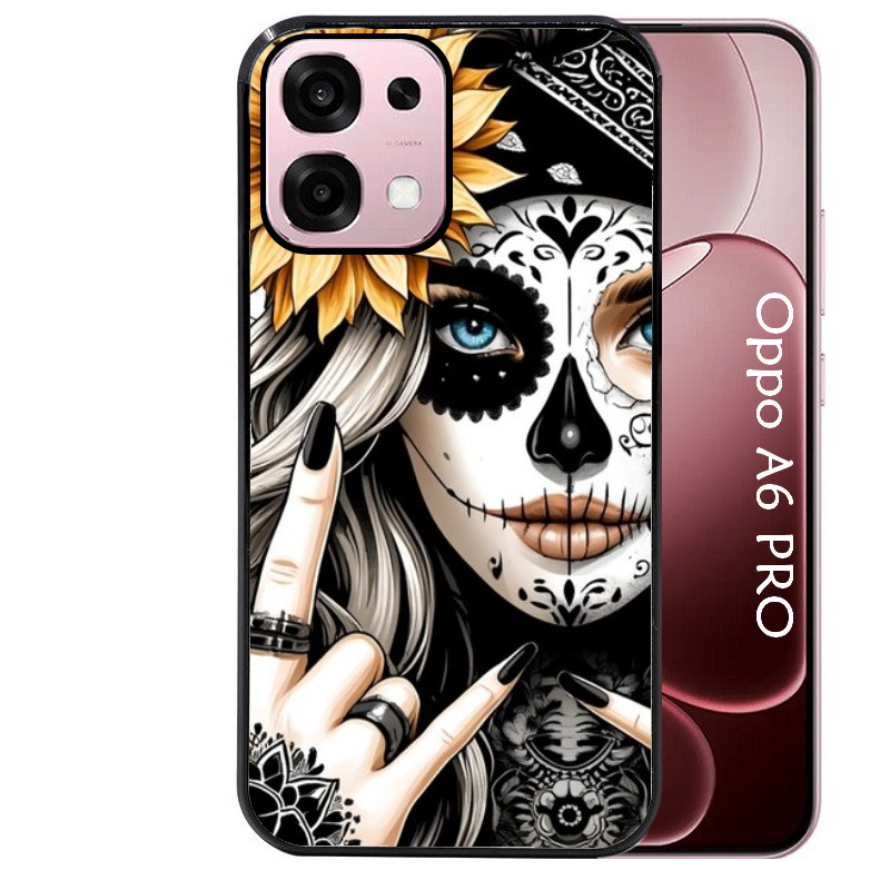 Coque noire taperso pour OPPO A6 PRO 4G et 5G avec motif tete de mort tatoo protection antichoc personnalisée