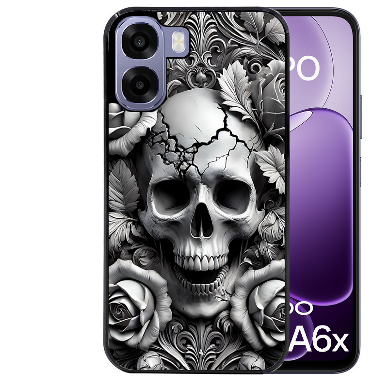 Coque noire taperso pour OPPO A6 A6X 4G et 5G avec motif tete de mort fleur protection antichoc personnalisée