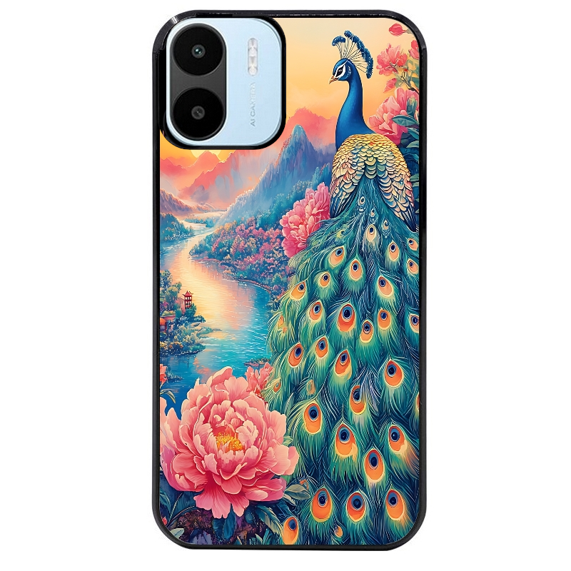 Coque noire taperso pour Redmi A1 et A2 avec motif paon japan protection antichoc personnalisée
