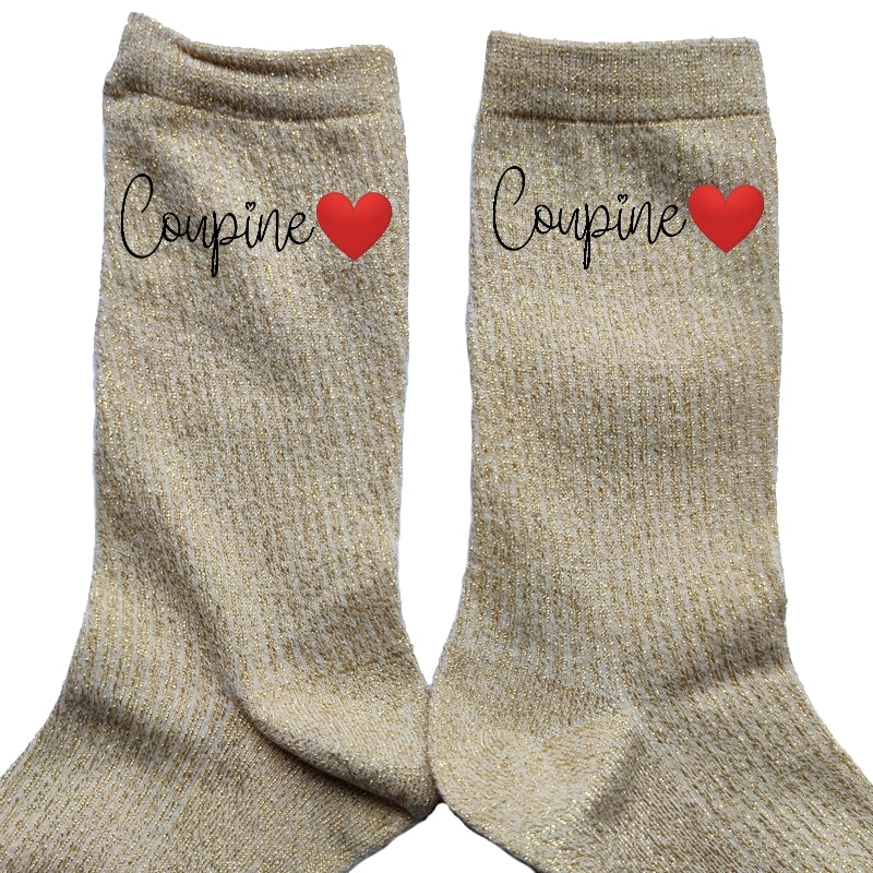 Chaussettes paillettes doré motif copine coupine
