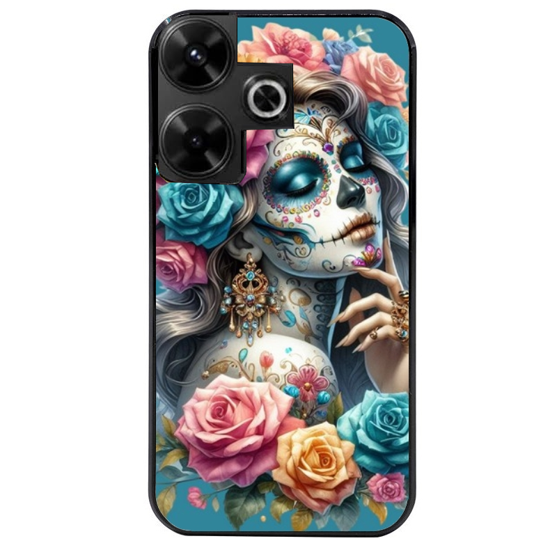 Coque noire taperso pour POCO M6 4G avec motif tete de mort calavera bleu protection antichoc personnalisée