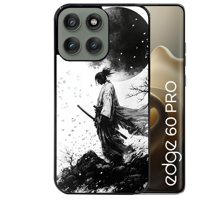 Coque noire taperso pour Moto Edge 60 et Neo Fusion Pro avec motif samourai et lune protection antichoc personnalisée