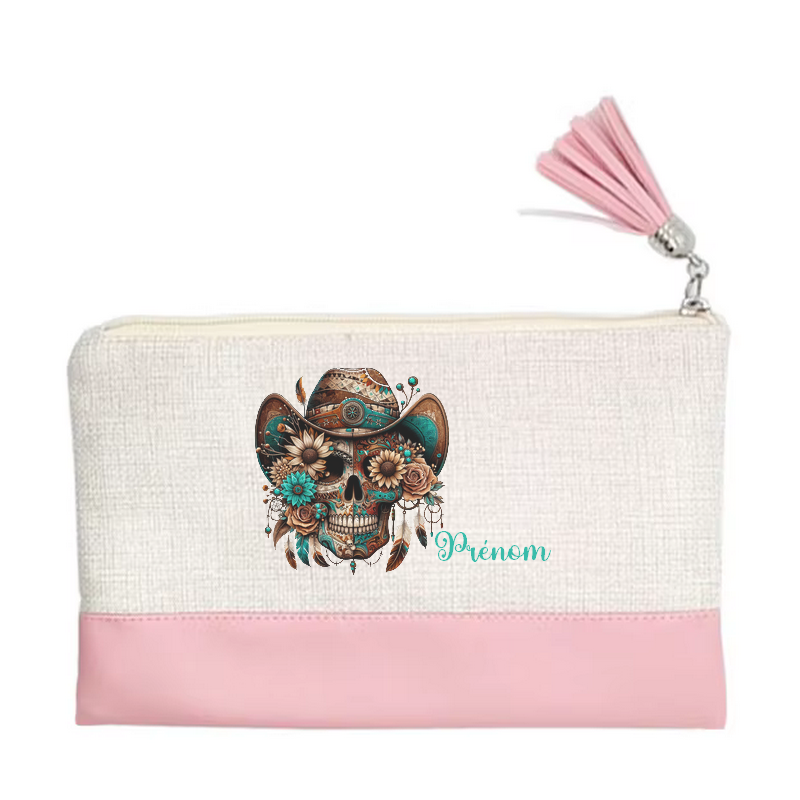 Pochette personnalisée motif tete de mort western en toile et simili cuir personnalisée