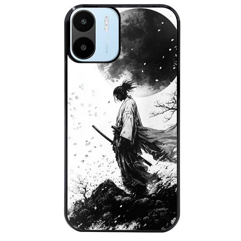 Coque noire taperso pour Redmi A1 et A2 avec motif samourai et lune protection antichoc personnalisée