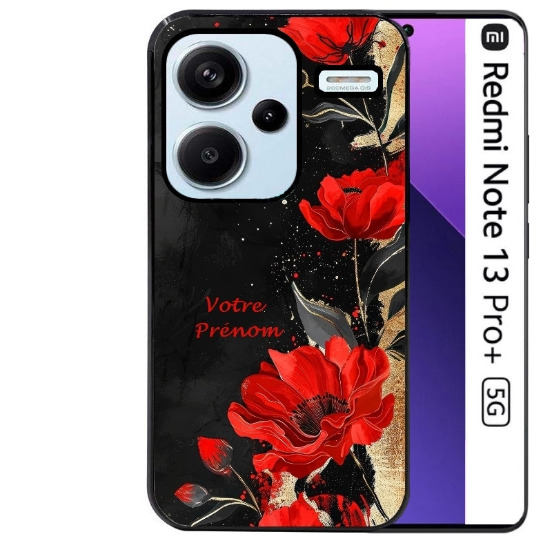 Coque noire taperso pour Redmi Note 13 PRO PLUS 5G avec motif fleur rouge avec prenom protection antichoc personnalisée