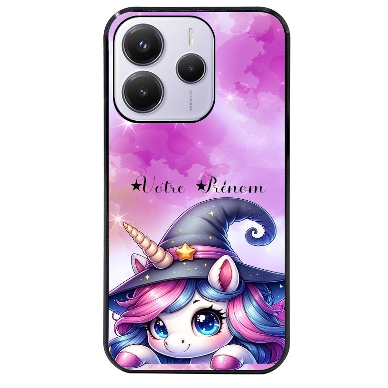 Coque noire taperso pour Redmi Note 14 et PRO PLUS 4G 5G avec motif licorne magic avec prenom protection antichoc personnalisée