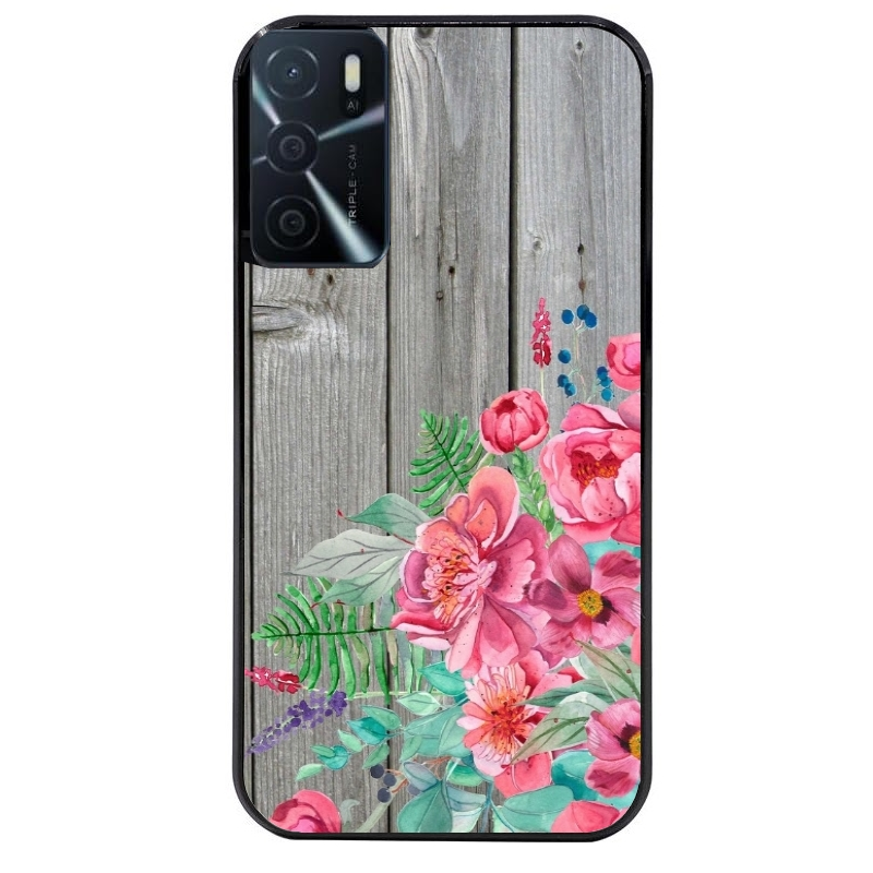 Coque noire taperso pour OPPO A16 et A16S avec motif bois gris et fleur rose protection antichoc personnalisée