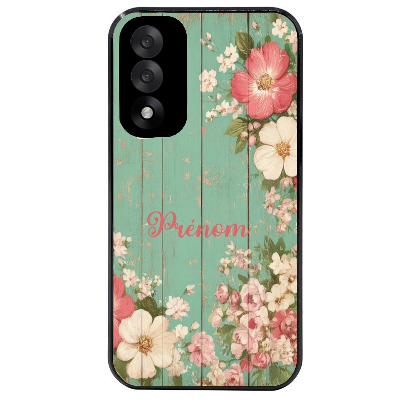 Coque noire taperso pour OnePlus Nord 5 avec motif bois et fleur avec votre prenom protection antichoc personnalisée