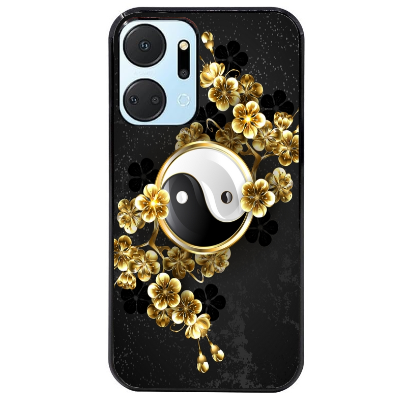 Coque noire taperso pour Honor X7A avec motif yin yang et fleur protection antichoc personnalisée