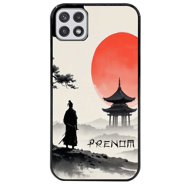 Coque noire taperso pour galaxy A22 A32 A52 A52S 4G 5G  avec motif samourai et temple personnalisee protection antichoc personnalisée