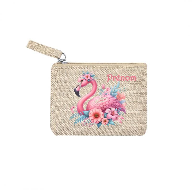Pochette personnalisée motif flamant fleur en toile et simili cuir personnalisée