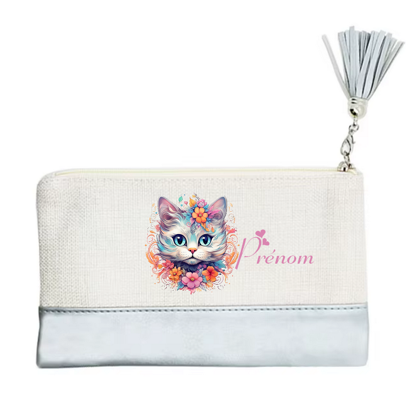 Pochette personnalisée motif chat pastel en toile et simili cuir personnalisée