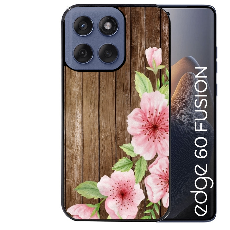 Coque noire taperso pour Moto Edge 60 et Neo Fusion Pro avec motif bois avec fleur rose protection antichoc personnalisée