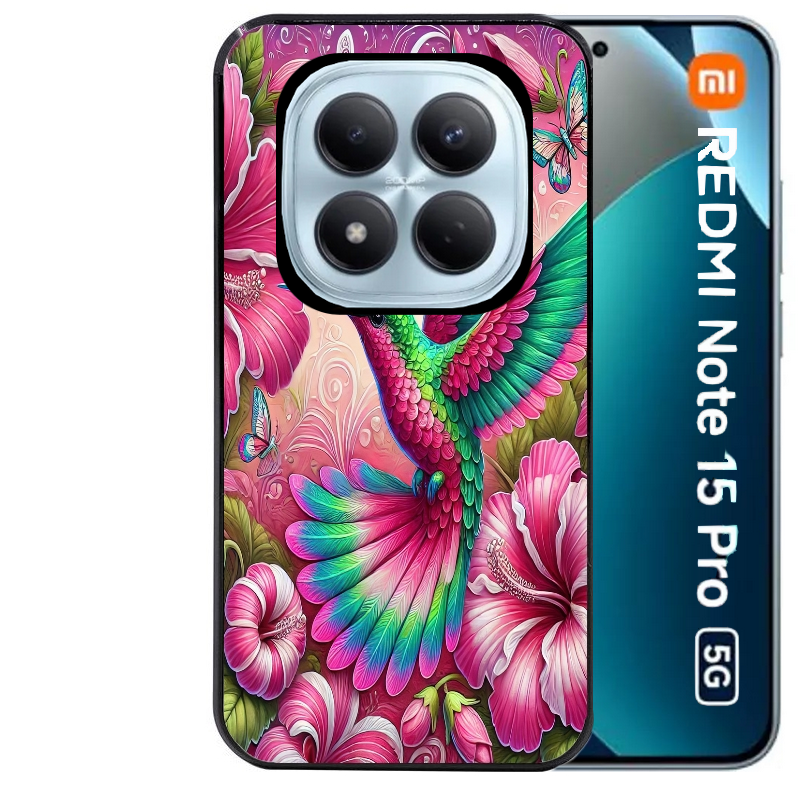 Coque noire taperso pour Redmi Note 15 et PRO PLUS 4G 5G avec motif colibri et fleurs protection antichoc personnalisée