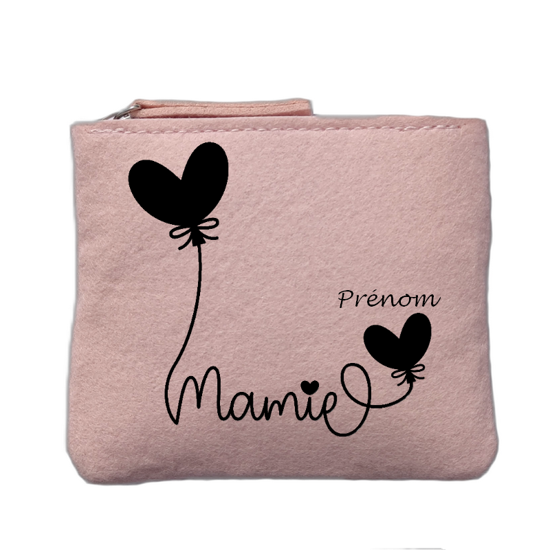 Porte monnaie personnalisé motif mamie ballon rose clair en feutrine en feutrine