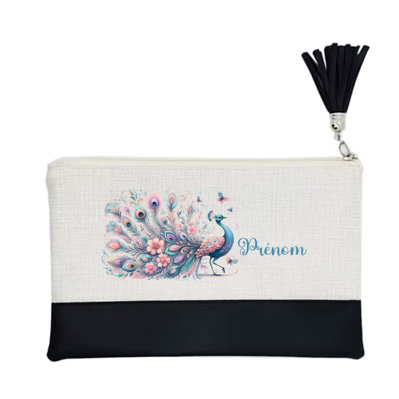 Pochette personnalisée motif paon plume en toile et simili cuir personnalisée