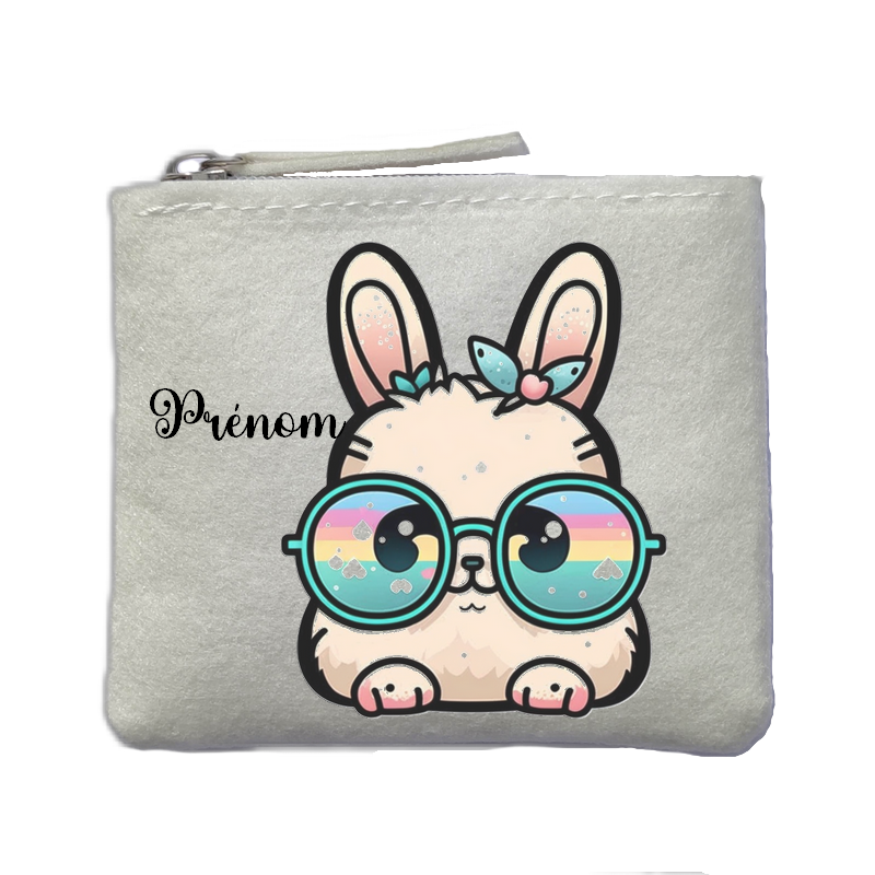 Porte monnaie personnalisé lapin lunettes ivoire en feutrine en feutrine ivoire