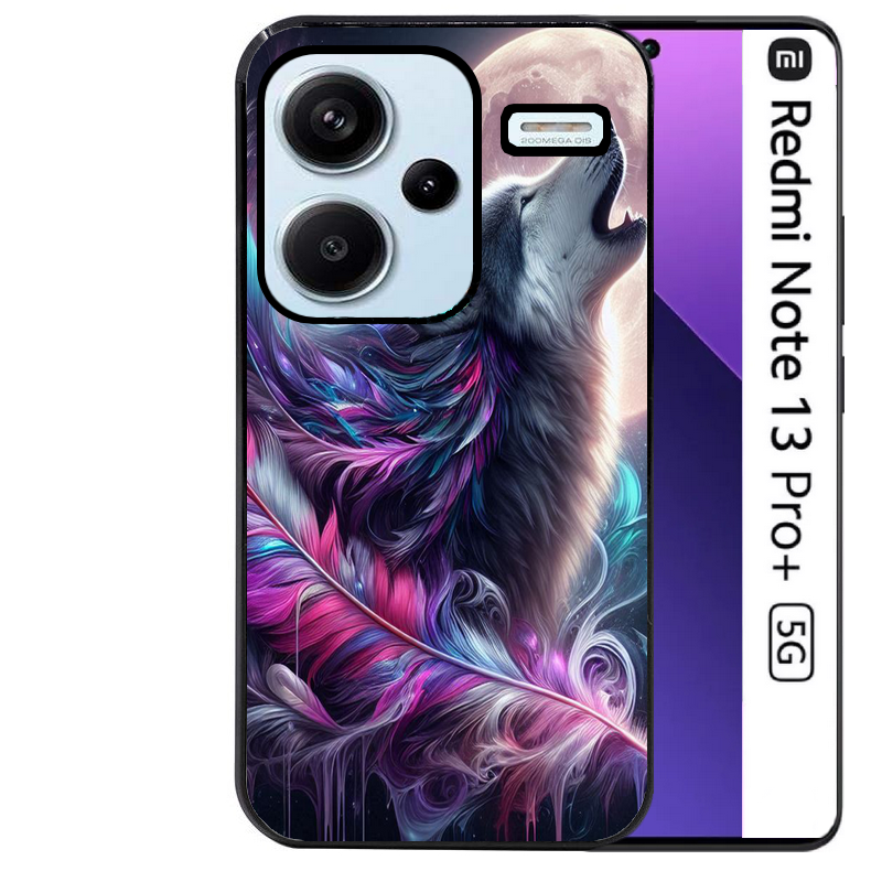Coque noire taperso pour Redmi Note 13 PRO PLUS 5G avec motif loup et plume protection antichoc personnalisée