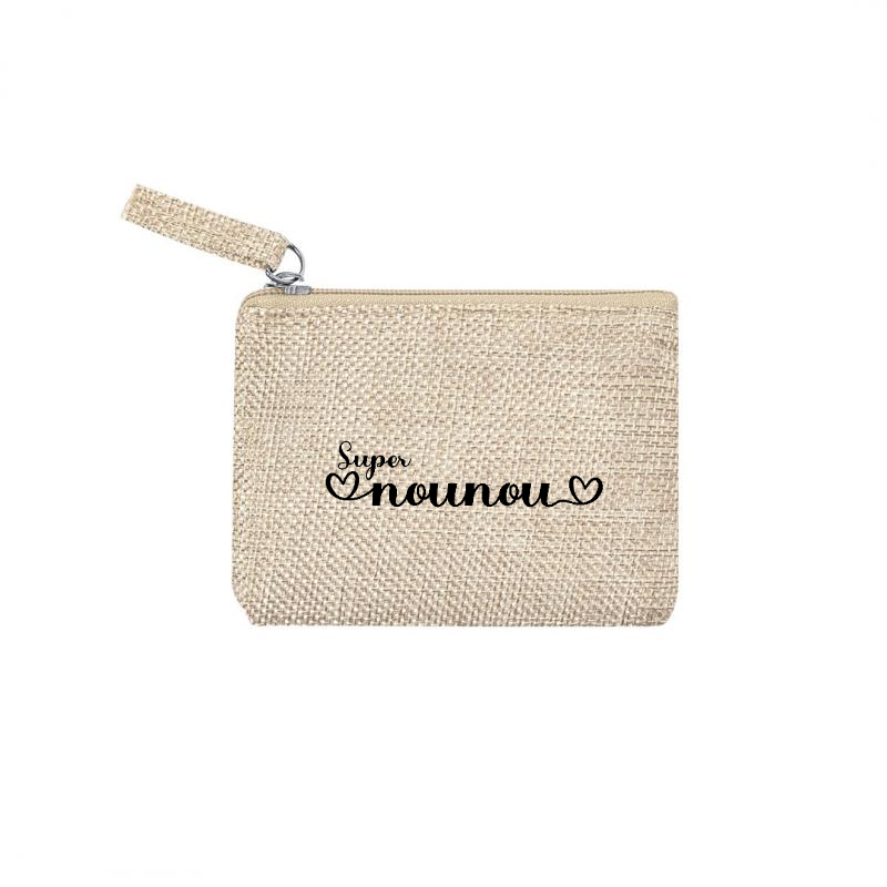Pochette personnalisée super nounou petit cœur en jute et doré en jute et doré