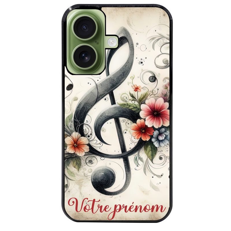 Coque noire taperso pour Iphone 16 16E PLUS MAX PRO avec motif musique cle sol personnalisee protection antichoc personnalisée