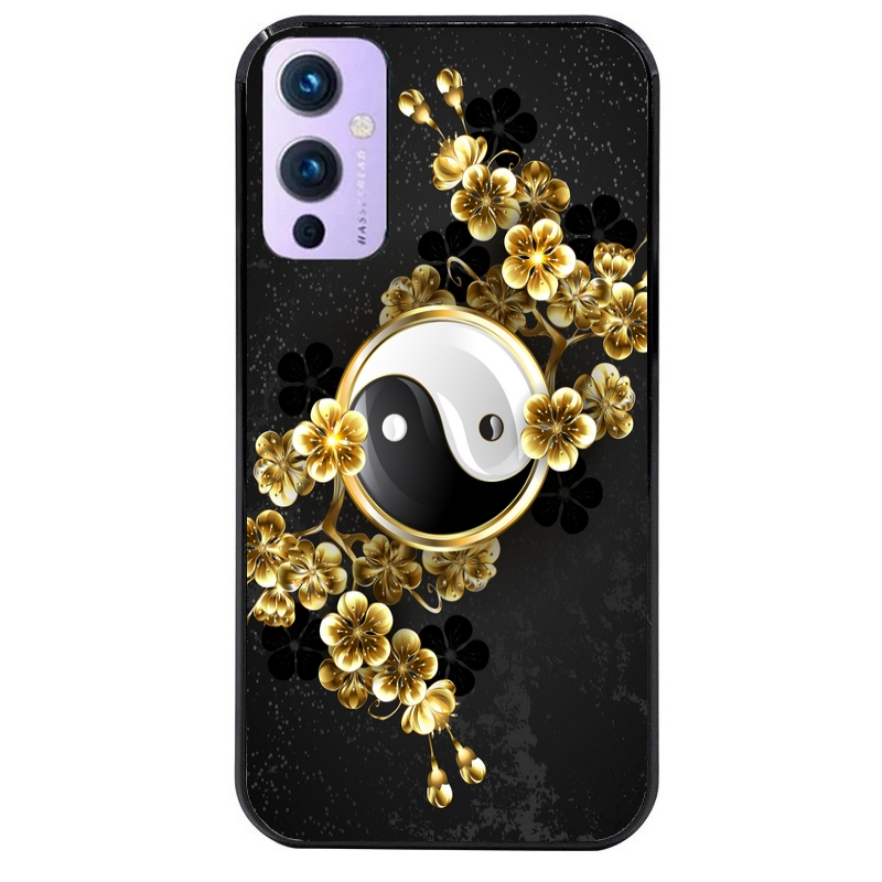 Coque noire taperso pour OnePlus 9 et 9 PRO avec motif yin yang et fleur protection antichoc personnalisée
