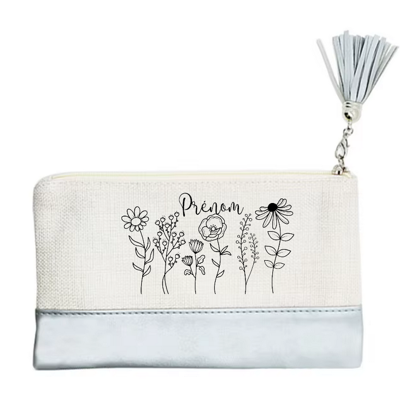 Pochette personnalisée motif fleur line art en toile et simili cuir personnalisée