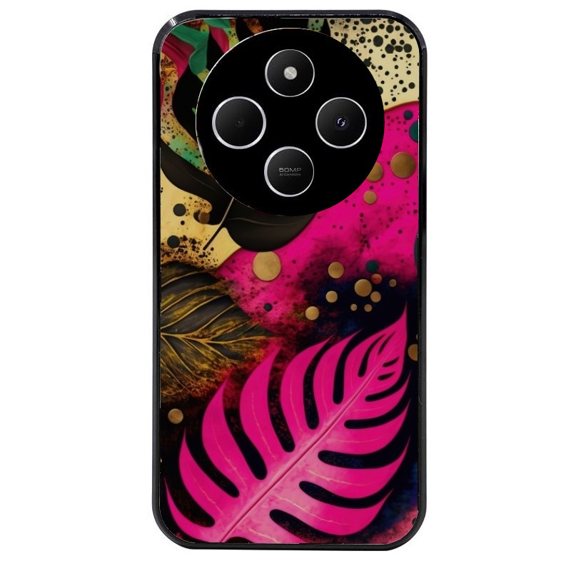 Coque noire taperso pour POCO C75 avec motif tropical rose et des fleurs protection antichoc personnalisée