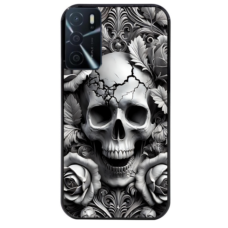 Coque noire taperso pour OPPO A16 et A16S avec motif tete de mort fleur protection antichoc personnalisée