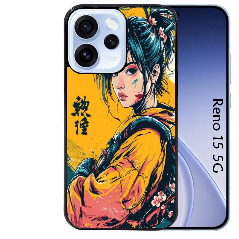 Coque noire taperso pour OPPO Reno 15 et F FS 5G avec motif samourai girl anime protection antichoc personnalisée