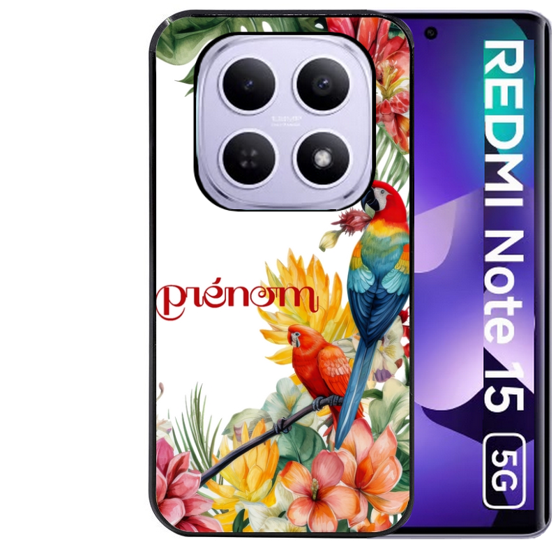 Coque noire taperso pour Redmi Note 15 et PRO PLUS 4G 5G avec motif perroquet personnalisee protection antichoc personnalisée