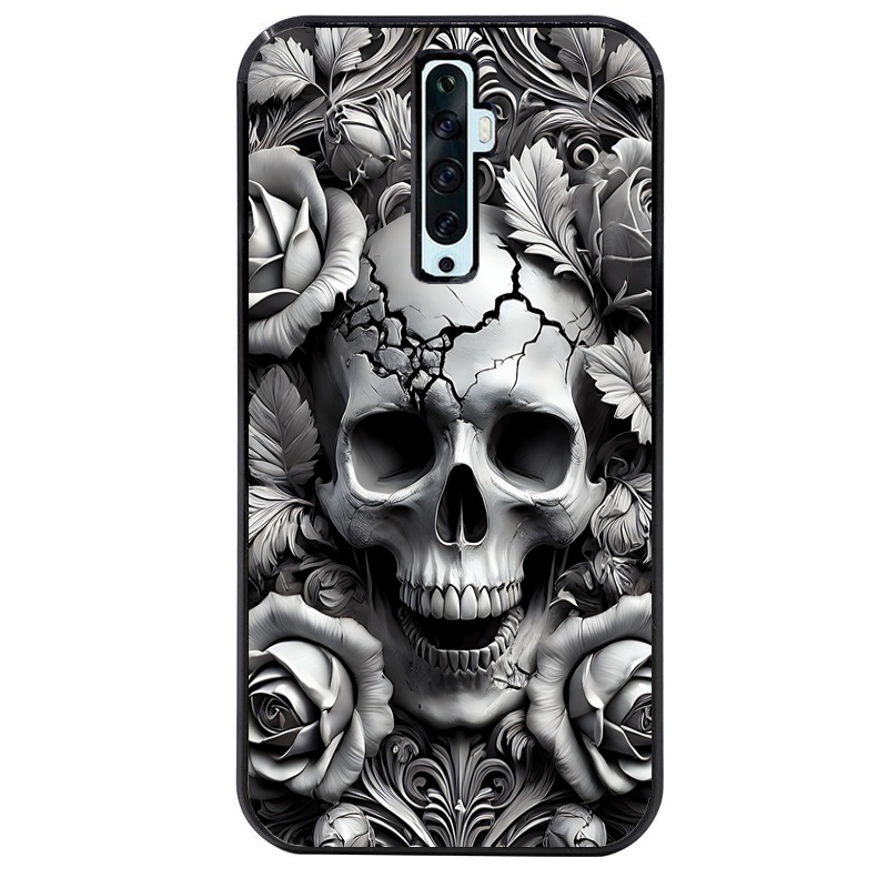 Coque noire taperso pour OPPO Reno 2 et 2Z avec motif tete de mort fleur protection antichoc personnalisée