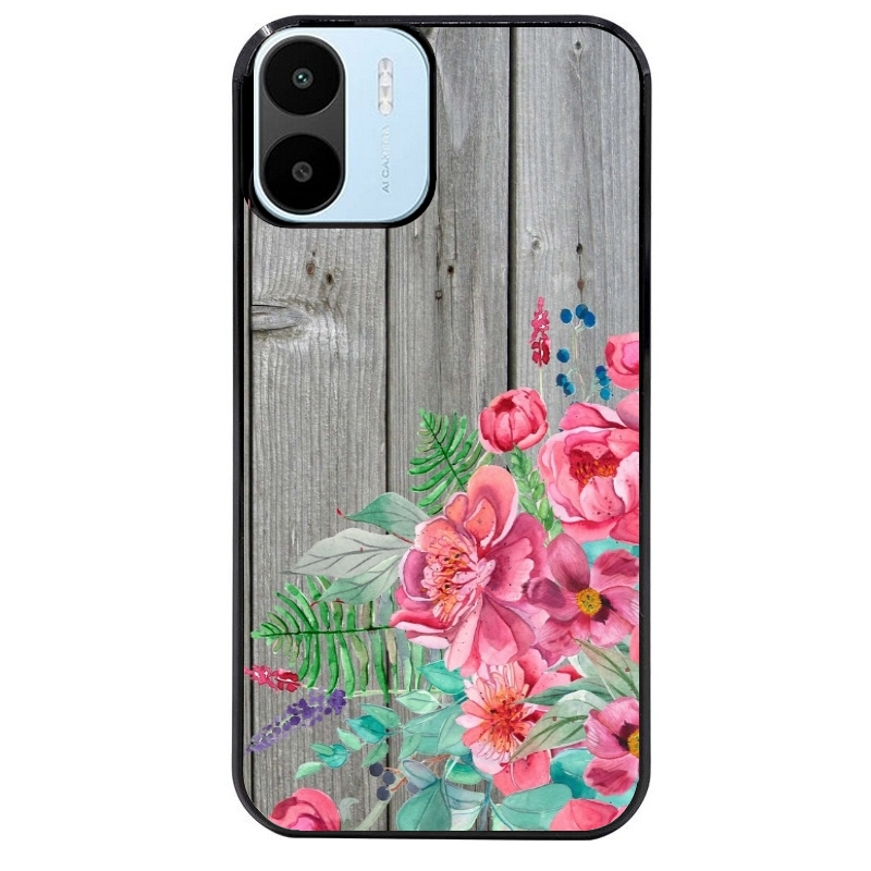 Coque noire taperso pour Redmi A1 et A2 avec motif bois gris et fleur rose protection antichoc personnalisée
