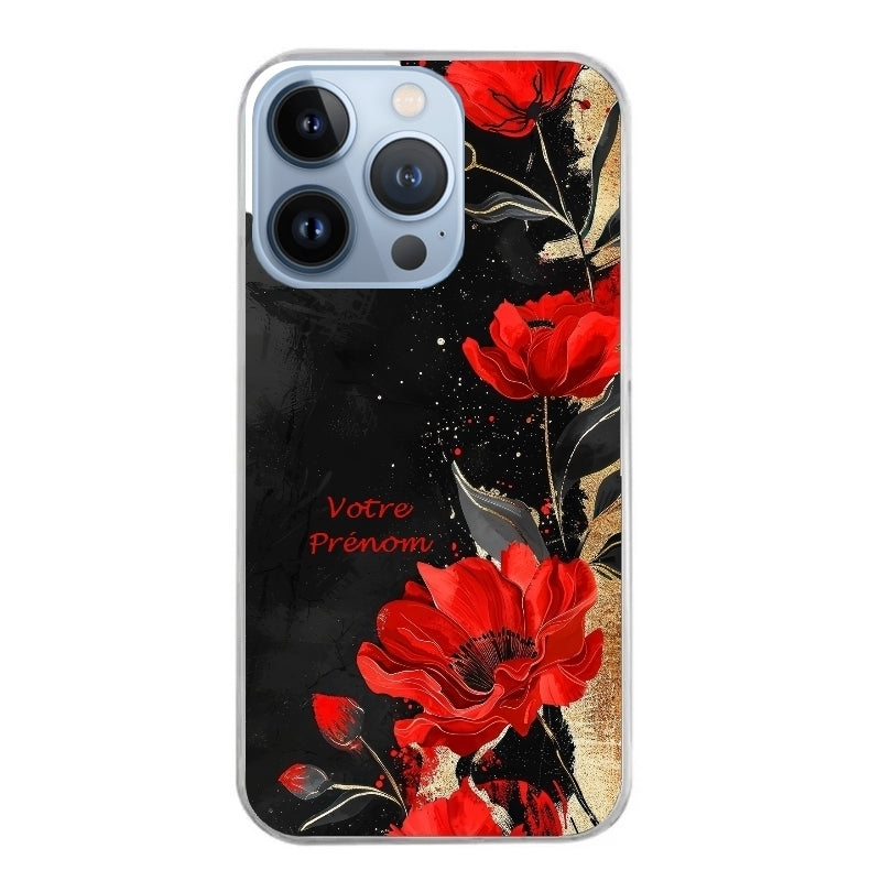 Coque taperso pour Iphone 11 et PRO PRO MAX avec motif fleur rouge avec prenom protection antichoc personnalisée