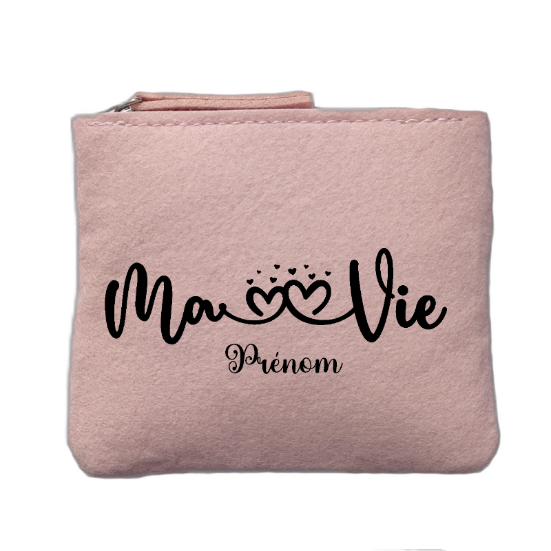 Porte monnaie personnalisé motif ma vie rose clair en feutrine en feutrine