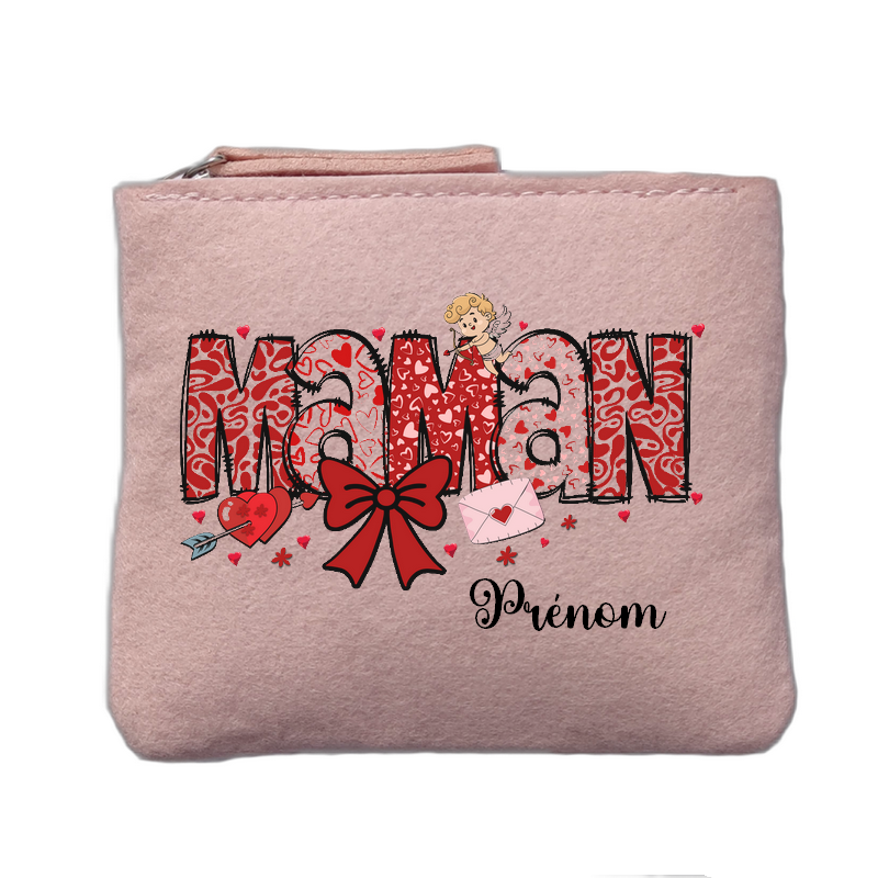 Porte monnaie personnalisé motif maman coeur rose clair en feutrine en feutrine