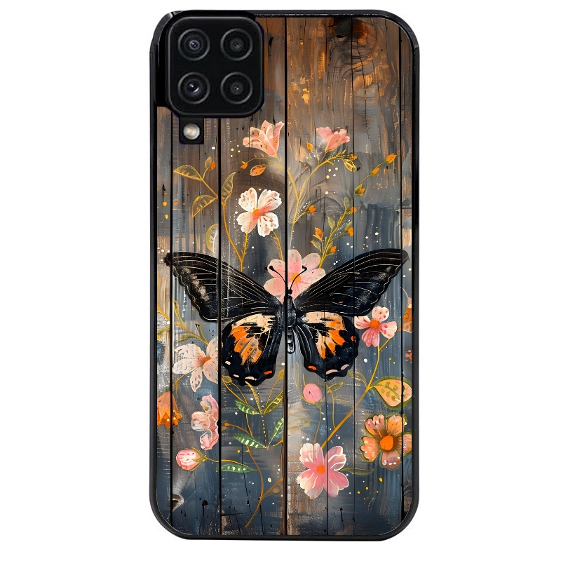 Coque noire taperso pour galaxy A22 A32 A52 A52S 4G 5G  avec motif bois et papillon 2 protection antichoc personnalisée