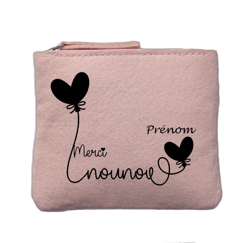 Porte monnaie personnalisé motif nounou merci ballon rose clair en feutrine en feutrine