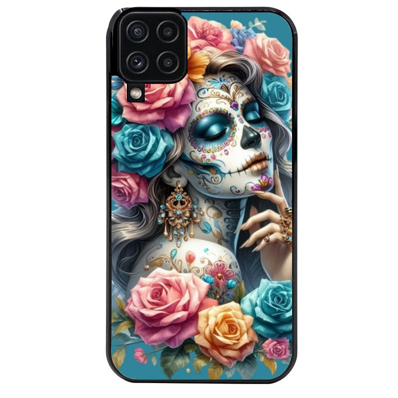 Coque noire taperso pour galaxy A22 A32 A52 A52S 4G 5G  avec motif tete de mort calavera bleu protection antichoc personnalisée