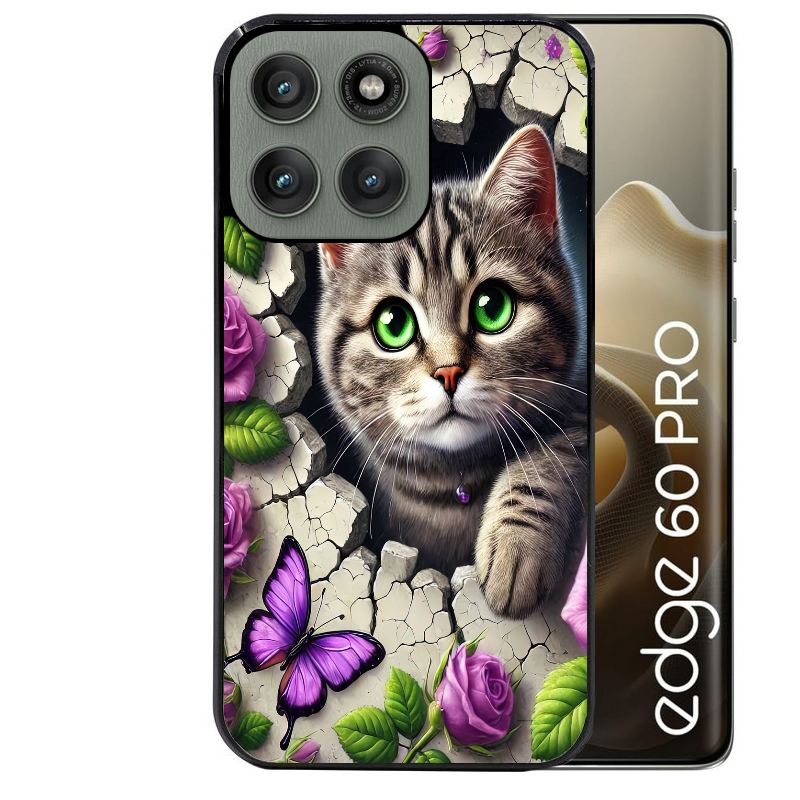 Coque noire taperso pour Moto Edge 60 et Neo Fusion Pro avec motif chat papillon 3 protection antichoc personnalisée