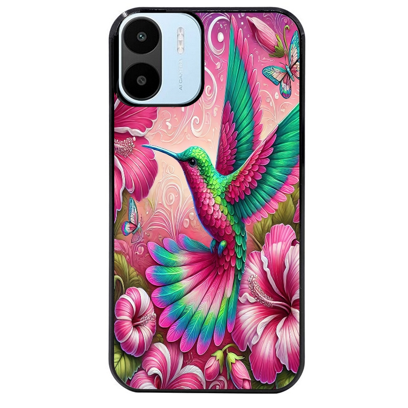 Coque noire taperso pour Redmi A1 et A2 avec motif colibri et fleurs protection antichoc personnalisée