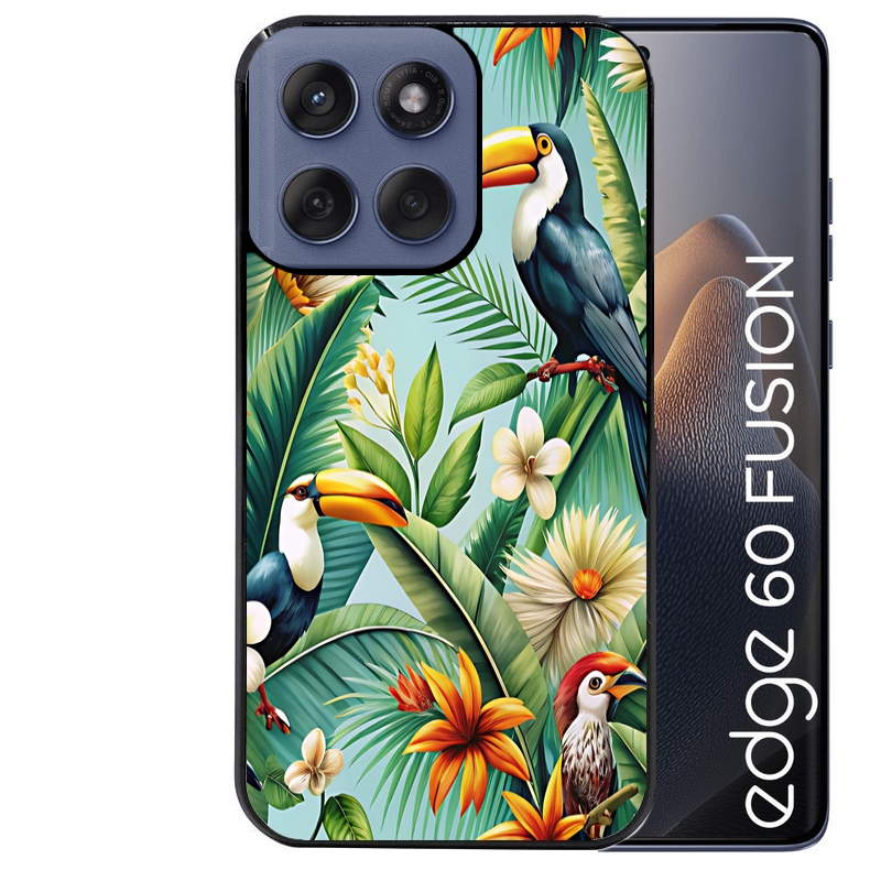 Coque noire taperso pour Moto Edge 60 et Neo Fusion Pro avec motif perroquet tropical protection antichoc personnalisée