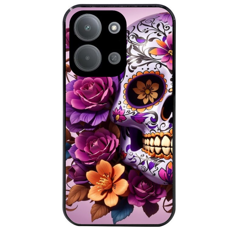 Coque noire taperso pour POCO C85 avec motif tete de mort calavera violette protection antichoc personnalisée