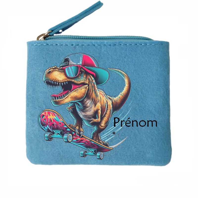 Porte monnaie personnalisé dino skate en feutrine en feutrine