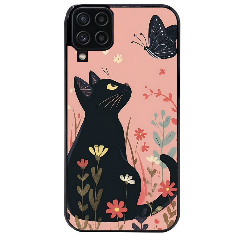 Coque noire taperso pour galaxy A22 A32 A52 A52S 4G 5G  avec motif chat papillon 2 protection antichoc personnalisée